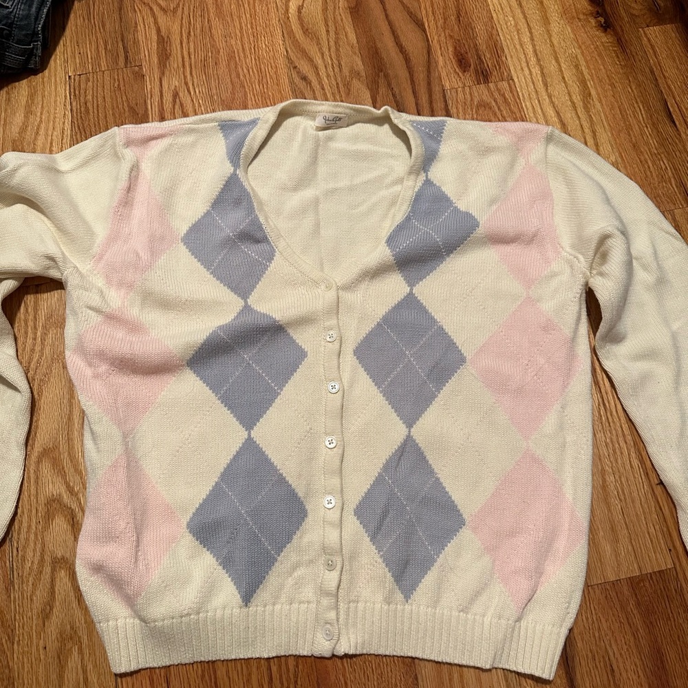 brandy melville john calf pink and blue knit cardigan
